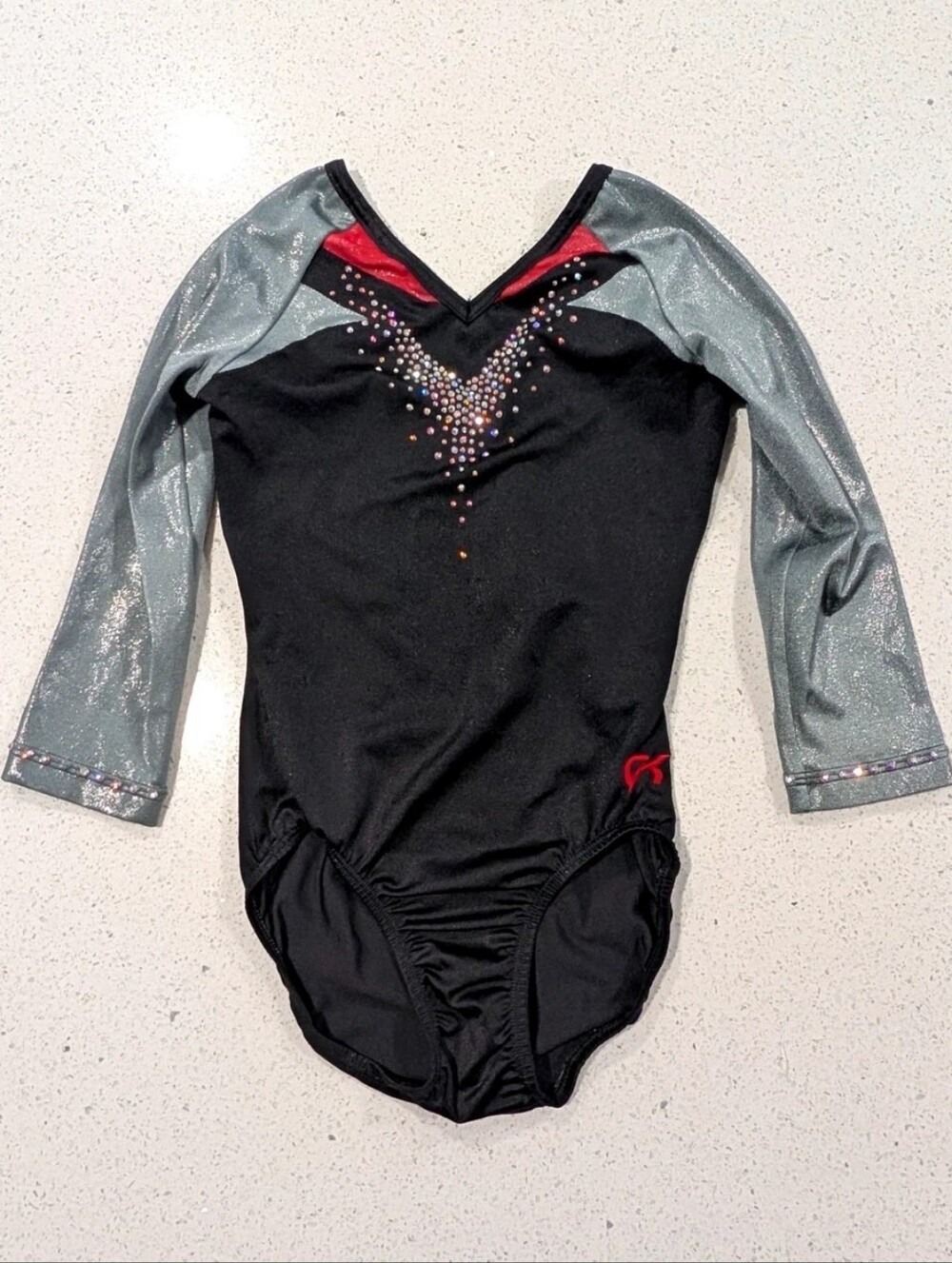 COMPETITION TEAM GK Elite gymnastics Leotard AS Small Gray Red Black RHINESTONES